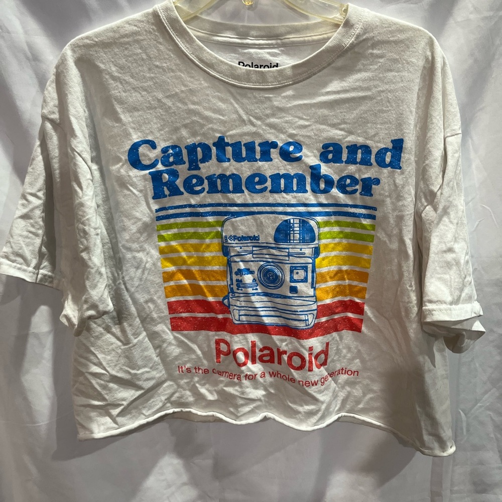 Polaroid White Tee with Blue Camera and Rainbow Stripes